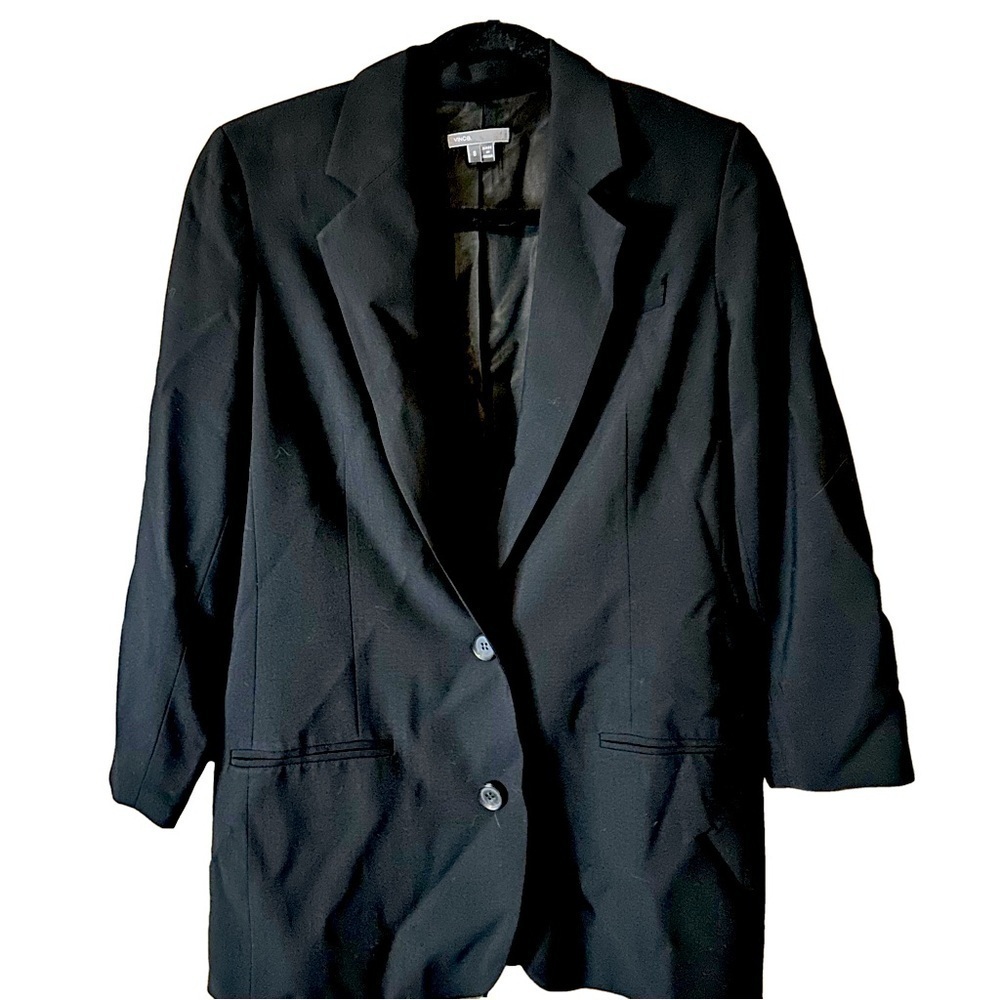 Vince Boyfriend Black Long Double Button Collared Blazer Pockets Wool Blend Sz 8